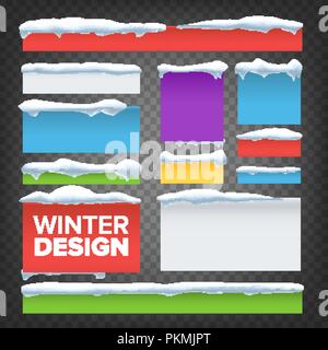 Banner, Button With Snow Caps Vector. Holidays Christmas Design. Frozen Effect Isolated Illustration Stock Vector