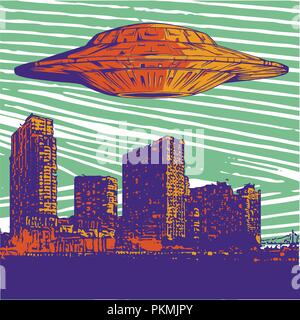 UFO abducts human. Space ship UFO ray of light in the night sky in the city. Vector illustration in vintage style. Stock Vector