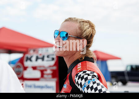 Bonneville, Utah, USA. 13th Sep, 2018. Denise Mueller Korenek attempts to break the Cycling World Land Speed Record; Denise Mueller chats to fans Credit: Action Plus Sports/Alamy Live News Stock Photo