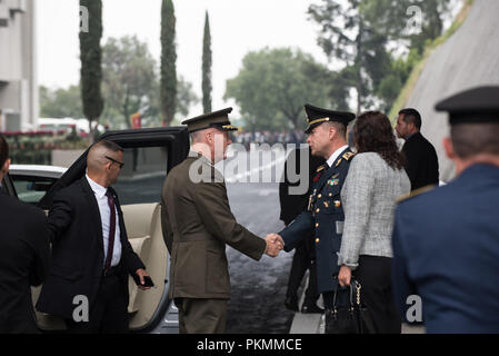 Mexico City, Mexico. 13th Sep, 2018. U.S. Marine Corps Gen. Joe Dunford, chairman of the Joint Chiefs of Staff, is greeted by Mexican Brig. Gen. Mario Verduzco, Deputy Director of the Heroic Colegio Militar (The Mexican Military Academy), during a visit to the academy for a Military Parade hosted by Mexican President, Enrique PeÐ¦a Nieto, in Mexico City, Mexico, Sept. 13, 2018. Credit: Us Joint Staff/Russian Look/ZUMA Wire/Alamy Live News Stock Photo
