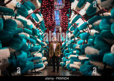 London, UK.  14 September 2018. A staff member views 'The Onion Farm' by Henrik Vibskov in The Tapestries Gallery at the V&A museum as part of London Design Festival.  The festival, now in its 16th year, includes installations across the capital and runs 15 to 23 September 2018.  Credit: Stephen Chung / Alamy Live News