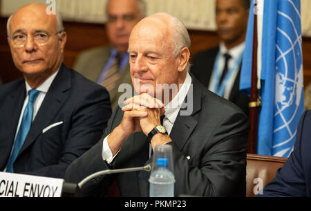 (180914)-- GENEVA, Sept. 14, 2018 (Xinhua) -- UN Special Envoy of the Secretary-General for Syria Staffan de Mistura (R) attends a meeting, during the consultations on Syria, at the European headquarters of the United Nations in Geneva, Switzerland, Sept. 14, 2018. Representatives from Egypt, France, Germany, Jordan, Saudi Arabia, the United Kingdom and the United States met with the UN Special Envoy of the Secretary-General for Syria on discussion situation in Syria on Friday. (Xinhua/POOL/Xu Jinquan) Stock Photo
