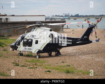 Sheerness, Kent, UK. 14th Sep, 2018. The Kent air ambulance landed on Sheerness beach at 2.30pm this afternoon to assist two ambulances attending an incident in James Street, Sheerness. The air ambulance departed at 3pm, with the casualty taken to Medway Maritime hospital by road. Credit: James Bell/Alamy Live News Stock Photo