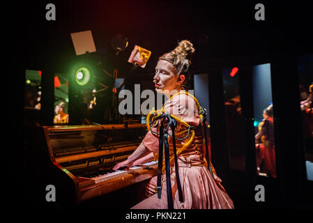 Edinburgh, UK. 14 September 2018. Award-winning singer, songwriter and musician Kathryn Joseph onstage at Summerhall, Edinburgh, performing her latest album ‘From When I Wake The Want Is’. It features the creative team of: Music Producer - Marcus Mackay, Director - Josh Armstrong, Set Designer - James Johnson, Body Architect - Markéta Kratochvílová and Lighting Designer - Nich Smith. The tour was commissioned and produced by Cryptic, presented as part of Glasgow - UNESCO City of Music and developed with support from Paisley Arts Centre & Tramway. Credit: Andy Catlin/Alamy Live News Stock Photo