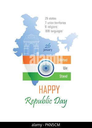 January 26. Happy Republic day of India. The Flag of India with Ashoka Chakra and sketch of India Gate on the silhouette of the map of India. Vector i Stock Vector