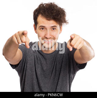 Young man and sign of victory isolated on white background Stock Photo