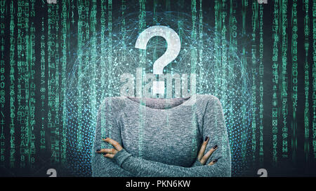Surreal image as a woman online anonymous internet hacker with invisible face stand with crossed hands and question mark instead head, hiding identity Stock Photo