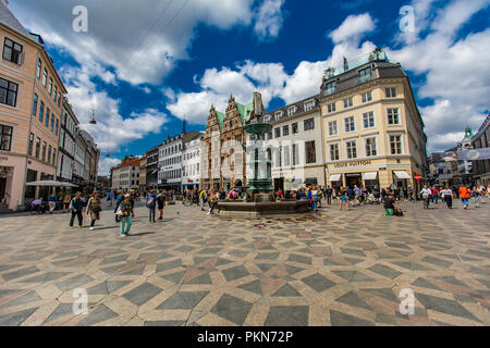 COPENHAGEN, DENMARK - JUNE 13, 2018: Unidentified people at Gammeltorv square in Copenhagen, Denmark. Gammeltorv (Old Market) is the oldest square in  Stock Photo