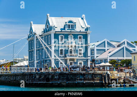 An old blue trading station in the harbour of Cape Town, South Africa Stock Photo