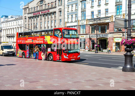 Saint Petersburg, Russia - August 10, 2018: Red bus City Sightseeing parked up at the Nevsky Prospeсt Stock Photo