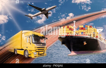 Transport of goods by truck, ship and plane Stock Photo