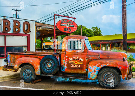 Red truck in Blanco, Texas USA Stock Photo