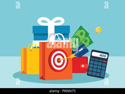 Shopping promotion concept. Vector of shopping bags calculator and customer discount Stock Vector