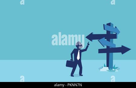 Business decision concept. Vector of a businessman looking at many arrows pointing in different directions. Stock Vector