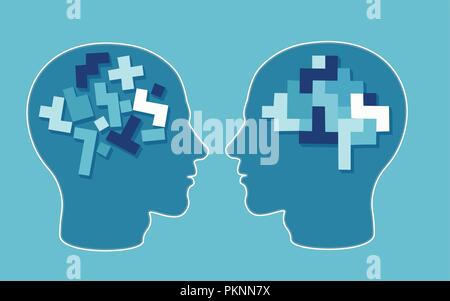 Vector concept of a puzzle head brain neurology and psychology. Rational and irrational thinking in the form of colourful arranged and disarranged sha Stock Vector