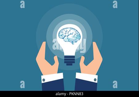 Vector of businessman hands and a big lightbulb brain. Concept of bright good idea. Stock Vector