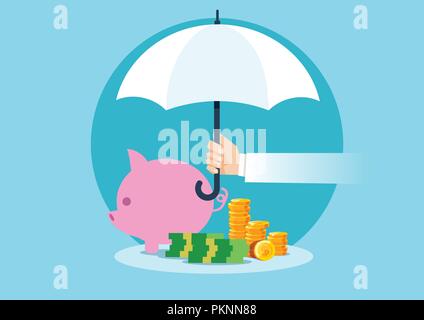 Vector of a hand holding umbrella to protect money. Financial savings concept. Stock Vector