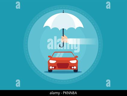 Vector of a car under umbrella as a symbol for automobile insurance concept. Stock Vector