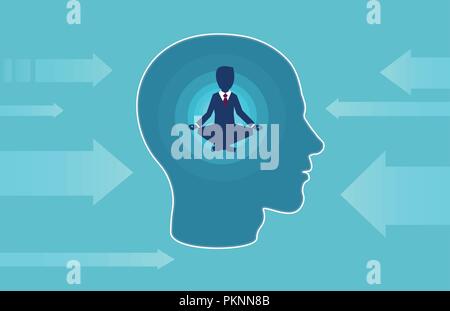 Vector of a business man inside human head doing yoga resisting outside negative influence. Peaceful mind, calm concept Stock Vector