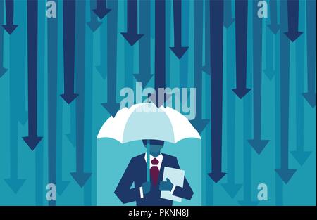 Risk averse. Vector of a businessman with umbrella resisting protecting himself from falling arrows as a symbol of unfavorable business environment Stock Vector