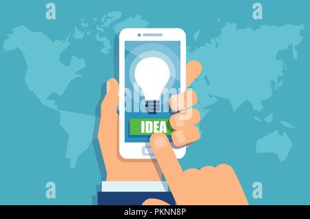 Vector of a businessman hands holding smartphone with bright Idea light bulb on screen. Stock Vector