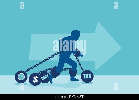 Concept vector of a man in chains of heavy debt financial obligations. Stock Vector