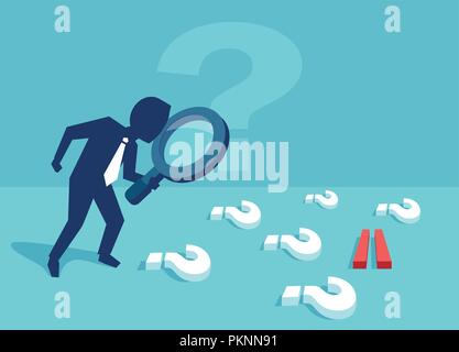 Vector of a business man with many questions searching for an answer Stock Vector
