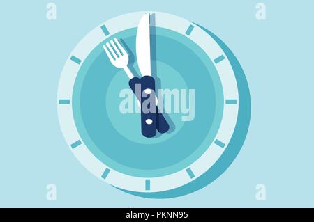 Vector of the clock face in the form of plate with knife and fork arms. Time for food, lunch, menu design concept Stock Vector