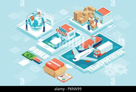 Innovative contemporary smart online order automated delivery logistics network distribution with people machinery industry 4.0 infographic. Global sh Stock Vector