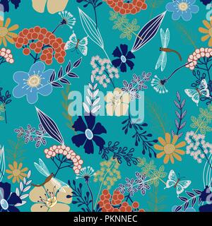 seamless pattern in floral with berries, dragonfly, butterfly on blue background. design for wrapping paper Stock Vector