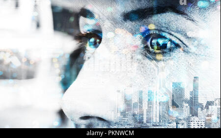 Digital transformation disruption every industry technology , artificial intelligence concept. Double exposure of male face customer and circuit board Stock Photo