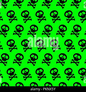 acid Seamless bright green background. poison. black Skull and bones crossed. Vector illustration. radiation Stock Vector