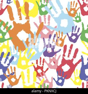 colored palms in paint. Vector background, color prints of hands symbolizes friendship. Stock Vector