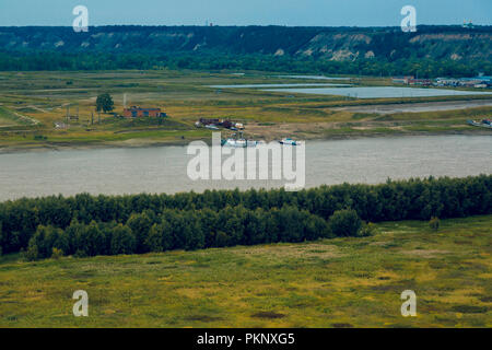 Panorama from the steep bank of the Irtysh River on a September spring day Stock Photo