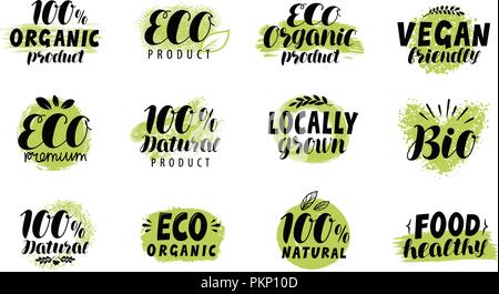 Eco, bio logo. Healthy food label set. Vector lettering Stock Vector