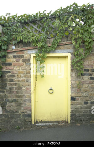 Small, simple, pale yellow door in a wall near Hampstead pond, Hampstead, London NW3, England, UK Stock Photo