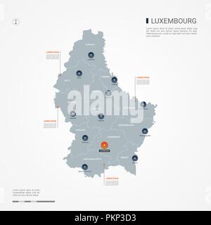 Luxembourg map with borders, cities, capital and administrative divisions. Infographic vector map. Editable layers clearly labeled. Stock Vector