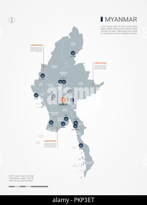 Myanmar Burma map with borders, cities, capital and administrative divisions. Infographic vector map. Editable layers clearly labeled. Stock Vector