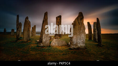 Panorama of Callanish stones in sunset light, Lewis, Scotland Stock Photo