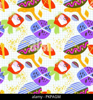 modern trendy seamless pattern, abstract bright elements on grid Stock Vector