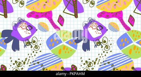 modern trendy seamless pattern, abstract bright elements on grid Stock Vector