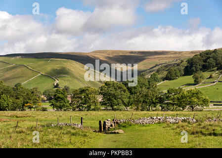 'The Dales Way' long distance footpath near Starbotton, Wharfedale, in the Yorkshire Dales National Park, UK. Buckden Park is on the horizon.
