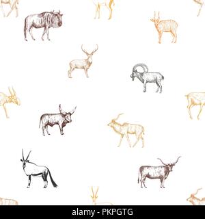 Seamless pattern of hand drawn sketch style ungulates isolated on white background. Vector illustration. Stock Vector