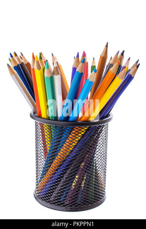 colored pencils in a metal stand Stock Photo