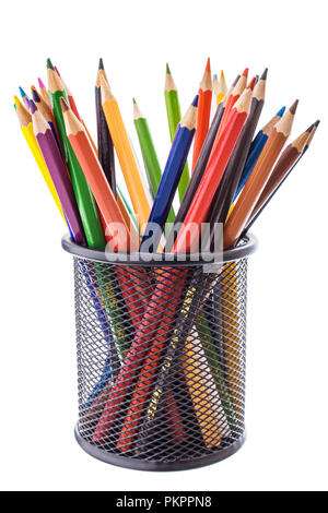 colored pencils in a metal stand Stock Photo