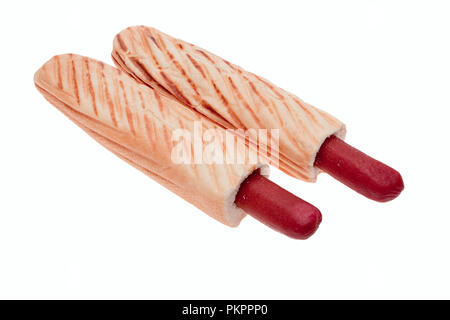 Sausages in buns, two rolls with sausages roasted on a grill Stock Photo