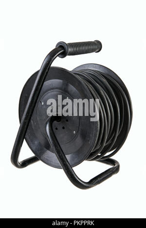 electric wire extension cables on a reel isolated on white background Stock Photo