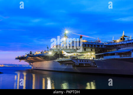 San Diego, AUG 2: Night view of the famous USS Midway Museum on AUG 2, 2014 at San Diego, California Stock Photo