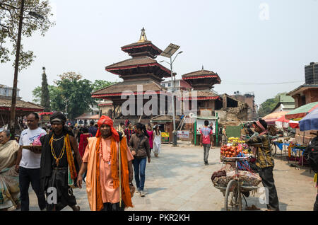 Kathmandu, Nepal - April 16, 2016: Busy Asan Tole Market with workers, local and tourists, Indra Chowk, Kathmandu Nepal. - Indra Chok is one of the ce Stock Photo