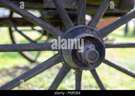 An old wooden wheel from a ladder. Wheel from a wooden wagon from ancient times. Season of the autumn. Stock Photo